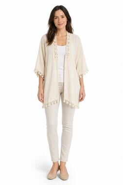 Sheln cream lace open back fringe beach open cardigan old money one size